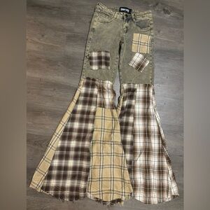 NWOT Dolls Kill / Darker Wavs Warp Patchwork Flare Pants